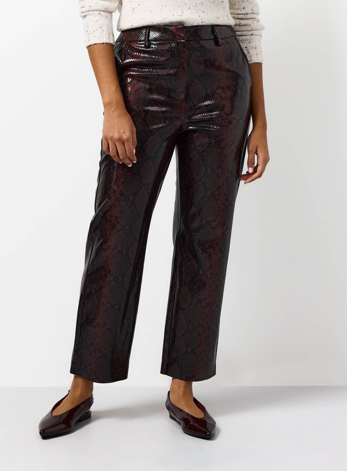 Dark Red Snake Printed Vinyl Straight Leg Trousers  16 - Image 2